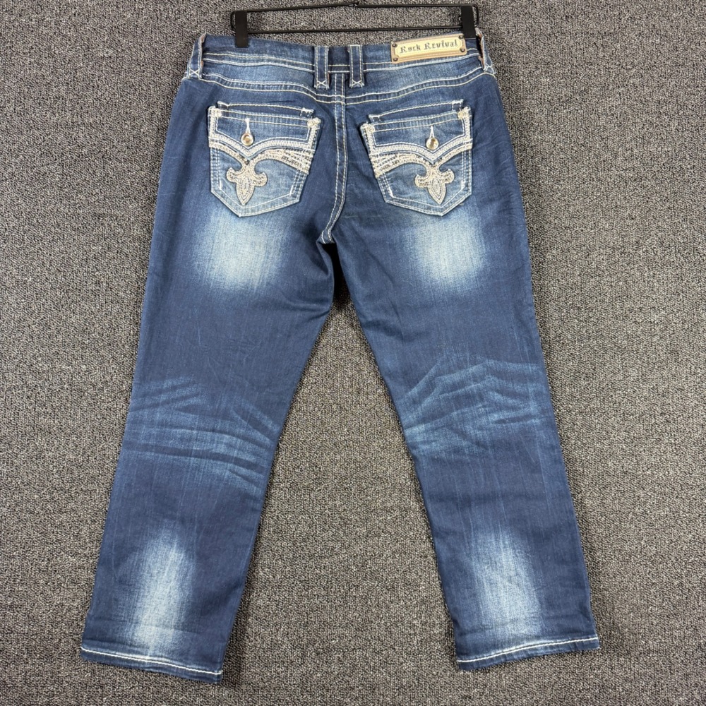 Rock Revival Yara Crop Jeans Women's 30 Dark Wash Embroidered Flap Pocket Capris